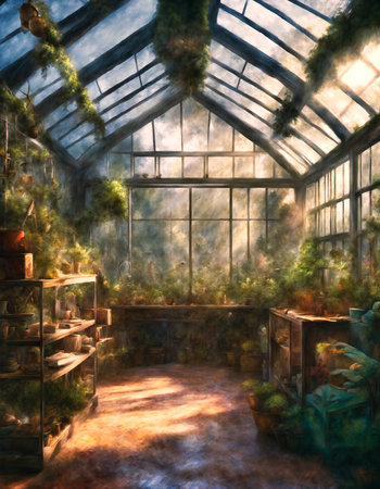 Fantasy interior of a greenhouse with plants. Digital painting illustration.の素材