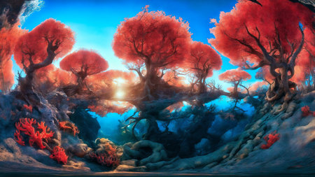 Fantasy landscape with red trees above water and a blue sky. 3D illustration. Digital painting. matte painting, fantasy artの素材