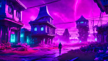 science fiction cyborg person walk son the street at night at foreign planetの素材