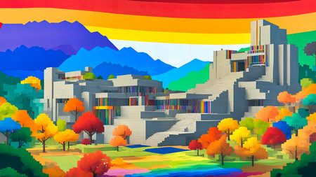 minimal style cityscape with colorful trees and mountains.の素材