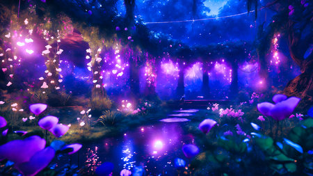 Night view of the garden decorated with purple flowers and lanterns.の素材
