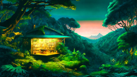 Fantasy landscape with wooden house in the jungleの素材