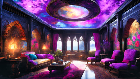 3D rendering of a fantasy interior with a view of the seaの素材
