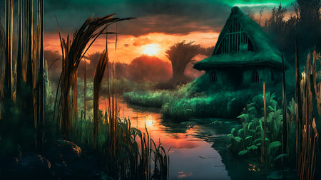Fantasy landscape with a hut on the bank of the river.の素材
