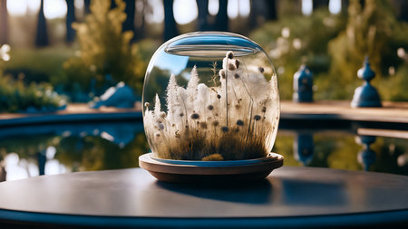 Glass vase with dry grass on table in garden. Selective focusの素材