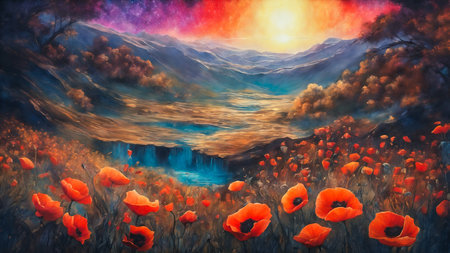 Poppies in the meadow at sunset. Digital painting.の素材