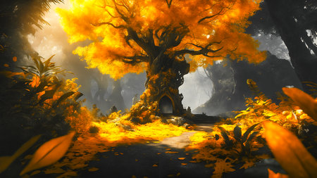 3d render of fantasy background with old tree and halloweenの素材
