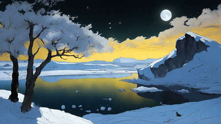 Snowy landscape with a lake and mountains in the moonlight.の素材