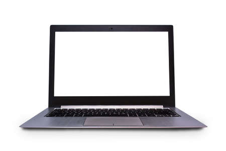 Front view of Modern slim design laptop with blank screen, isolated on white background