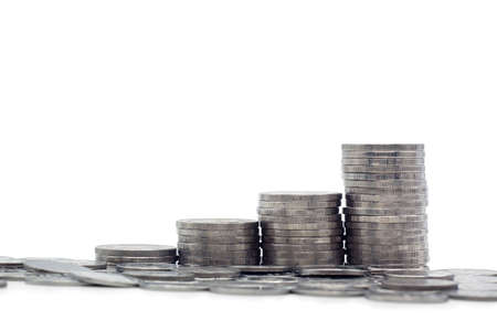 Stacking coins Thai money with shadow to show growing money, save, better life, financial and retire for the future isolated on white background.の写真素材