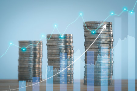 Coin stack with growth graph concept for business, finance, economic, investment, market, deposit, bank, fund, loan, save, money and accounting idea for plan development to success.の写真素材