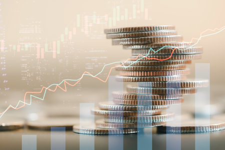 Stacking of money coins. Double exposure of graph for financial investment and business concept.