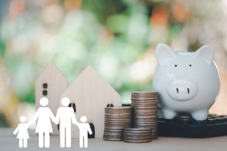 Piggy bank on calculator with model houses and paper family on wooden table. Concept for donation, saving, charity, family finance plan concept, fundraising, superannuation and financial crisis.の写真素材