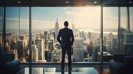 Full length back view of successful businessman in suit standing in office with hands on his waist, CEO looking through window at big city buildings, planning new project, Generative AIの素材
