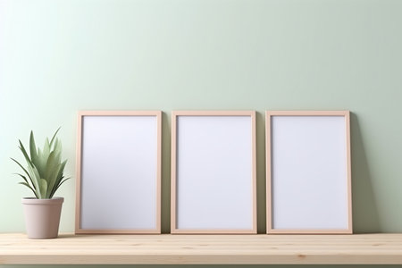 Three vertical wooden empty frame poster on wooden table with lite green pastel wall. 3 frame mock up. Generative AI.の素材