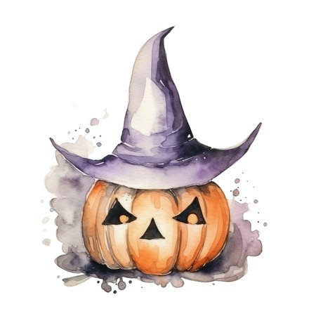 Cute halloween pumpkin watercolor style. Halloween pumpkin wearing witch hat on white background.の素材