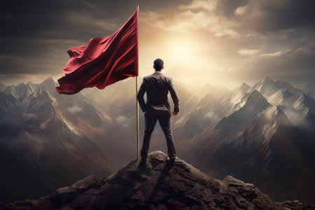Business success and goal concept with a silhouette of a successful businessman standing with a large flag on top of a mountain in the morning sunlight, featuring his success.の素材