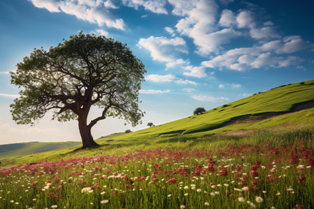A huge tree with fresh green leaves on a  meadow and blooming flowers field with white clouds on blue sky.の素材