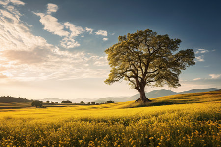 A huge tree with fresh green leaves on a  meadow and blooming flowers field with white clouds on blue sky.の素材