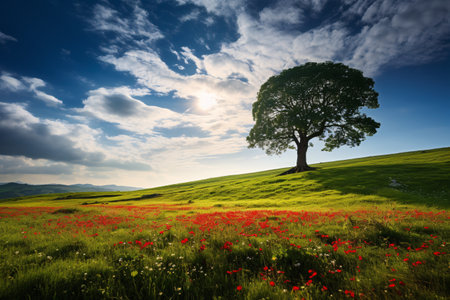 A huge tree with fresh green leaves on a  meadow and blooming flowers field with white clouds on blue sky.の素材