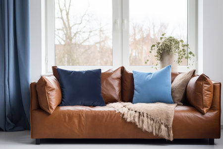 The blend of contemporary elegance and Scandinavian charm in this stylish living space featuring a brown shaggy leather sofa and blue pillows. It's a fashionable, cozy and stylish domestic retreat.の素材