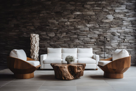 Minimalist living room design. Experience the comfort of white armchairs and a live edge coffee table against stone paneling. Create an inviting, modern space.の素材