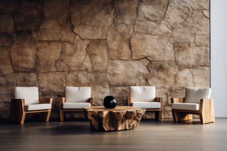 Minimalist living room design. Experience the comfort of white armchairs and a live edge coffee table against stone paneling. Create an inviting, modern space.の素材