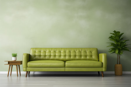 Modern living room interior featuring a light green leather sofa with mid-century and retro style influences. Comfort and style in a contemporary space, with ample copy space for your creative needs.の素材