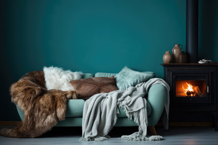 Design in this modern living room, featuring a rustic sofa, a cozy fireplace, and a striking turquoise wall. It's the perfect blend of comfort and style.の素材