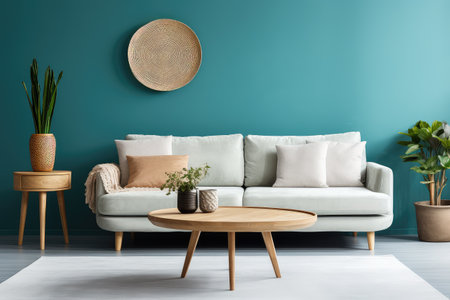 Scandinavian design in this modern living room featuring a white sofa and a rustic round coffee table against a soothing turquoise wall. It's a blend of comfort, style, and elegance.の素材