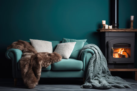 Design in this modern living room, featuring a rustic sofa, a cozy fireplace, and a striking turquoise wall. It's the perfect blend of comfort and style.の素材