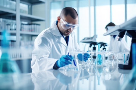 Scientist carefully handles samples in the lab. This high-quality image provides copyspace for text, making it ideal for a range of healthcare and research concepts.の素材