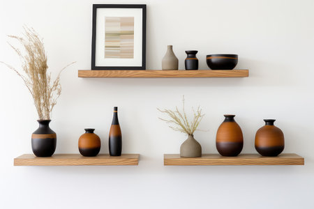 Modern living room interior design with a wood floating shelf adorned with frames and vases on a white wall. Contemporary and stylish decor, providing storage and organization for a cozy living space.の素材