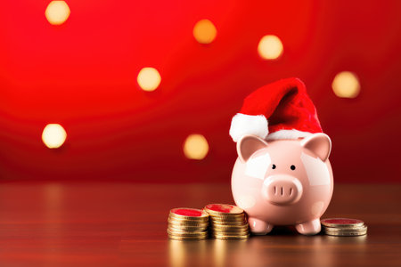 Holiday finance with a piggy bank wearing a Santa hat, surrounded by coins, against a backdrop of festive bokeh lights. Savings and wealth management. Copy space area.の素材