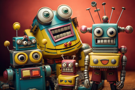 Happy robot family hugging. Witness the love and unity between robotic parents and children, futuristic technology. Perfect for conveying the joy of innovation in your creative projects.の素材