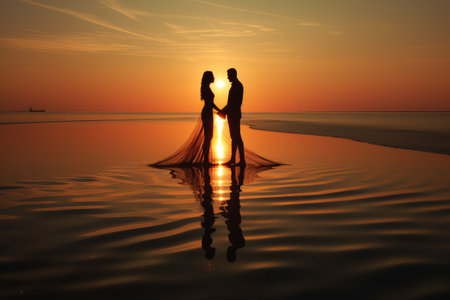 Romantic beach sunset silhouette. A couple in perfect harmony against the idyllic seascape, a peaceful and intimate moment by the ocean at dusk.の素材
