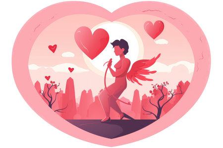 Celebrate Valentine's Day with a cute and joyful illustration of Cupid and Heart in flat style. This sweet and artistic design, complete with Cupid's arrow, ideal for greeting cards.の素材
