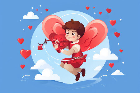 Celebrate Valentine's Day with a cute and joyful illustration of Cupid and Heart in flat style. This sweet and artistic design, complete with Cupid's arrow, ideal for greeting cards.の素材