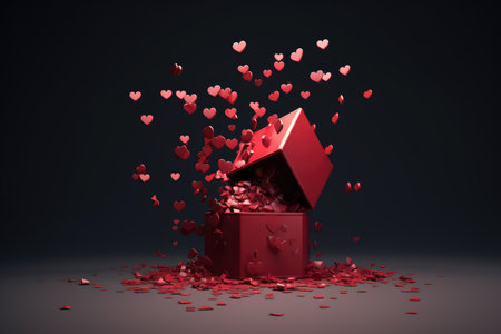 Shiny hearts scattering from an opened giftbox. Perfect for love, celebration, and surprise romance.の素材