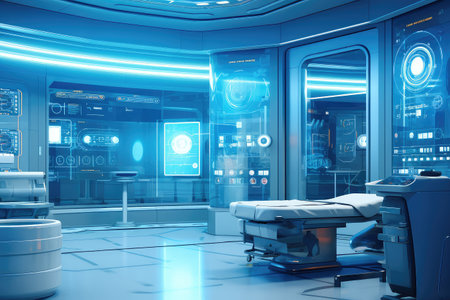 Healthcare with a futuristic medical operation in a high-tech ER room. Discover the cutting-edge technology and patient care in this healthcare concept.の素材