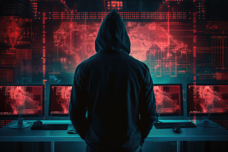 The dark side of the digital world with a silhouette of a hacker in a hoodie against a backdrop of digital data. This image conveys the concept of cybersecurity and online protection.の素材