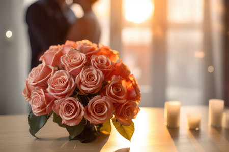 Beautiful rose bouquet on a stylish table, creating a backdrop for a romantic moment between a couple love kissing. Perfect for weddings, anniversaries, and special celebrations.の素材