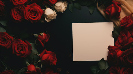 Top view of blank paper surrounded by roses. Ideal for weddings and cards, this creative mockup offers a minimalist and romantic backdrop.の素材