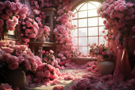 Romantic love celebration in this valentine room adorned with many pink roses. The beautiful blooms create a cozy and festive atmosphere, making it an ideal setting for special occasions.の素材