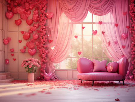 Romantic interior design featuring charming pink accents in a valentine room. The lovely atmosphere, enhanced by the soft pastel tones, adds an intimate touch, idea for a romantic and beautiful space.の素材
