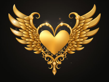 Royalty-inspired digital artwork. The golden heart, wings, and crown create a majestic and symbolic design, adding a touch of romance and creativity.の素材