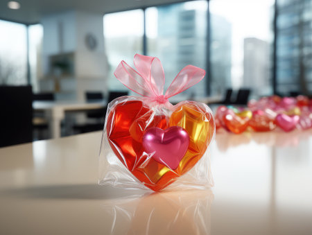 Heart candy, beautifully wrapped on a white table, a sweet treat perfect for celebrating love on Valentine's Day. The festive presentation adds a touch of joy and temptation to your special occasions.の素材