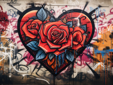 Valentine concept, a romantic depiction of a heart and rose graffiti on a wall. This street mural adds a touch of passion and creativity to your.の素材