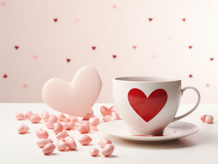 Share a romantic moment with this Valentine's card placed on a white table, accompanied by a heart-shaped coffee cup. The red and white theme creates a cozy celebration.の素材