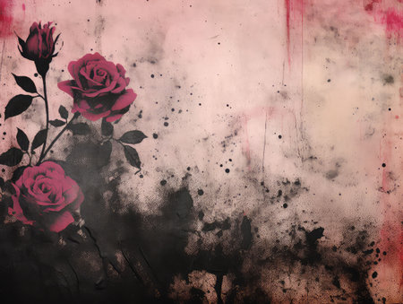 Grungy rose background set against a solid black canvas. The distressed beauty of the dark floral texture brings a touch of artistic flair to any project, design in a unique way.の素材